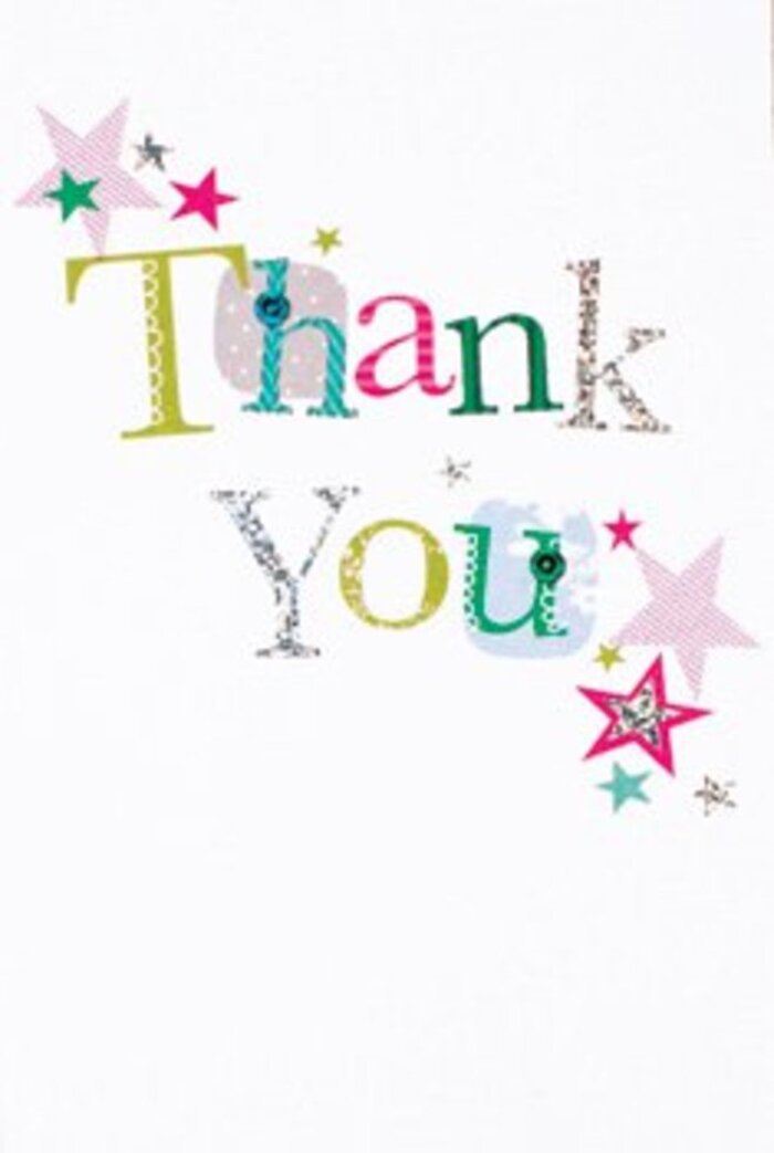 The graceful arrangement of letters on this thank you card possesses a quietly vibrant presence, evoking the feeling of an early morning stroll through Reading's Abbey Quarter. Each character in 'Thank You' expresses its own mood-some with playful dots and gentle curves, others shaped elegantly, their colours ranging from gentle turquoise to radiant pink and bright lime. A handful of letters glisten with silvery shine, reminiscent of dewdrops sparkling on town garden lawns. Gathered around the message, clusters of stars-striped in pink, splashed with turquoise, or burnished in gold-bring an extra note of cheerful celebration, as if blessing the sentiment with joy that feels as open as Reading's scenic riverside promenades. There's a modern, airy composition in the card's white setting, with motifs that seem sprinkled and purposeful, much like a florist's careful touch when designing a thank you bouquet for a special friend in Woodley. The result is an understated, sophisticated card-perfectly poised between formality and approachability-ready to accompany flowers from Flowers Reading for any grateful occasion, its design as uplifting as the burst of fresh blooms arriving at your door.