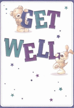 A scene of pure reassurance unfolds in this delightful get well card, its thoughtfully detailed design reflecting the mood of Reading's welcoming streets. Perched atop the rich, rounded word 'GET', a soft teddy bear in warm chestnut hues lifts the spirit, while a vibrant puppy with sandy fur and floppy blue tinted ears snuggles lovingly against the word 'WELL' below. Their playful energy and gentle faces radiate affection and hope, much like the bouquets prepared at Flowers Reading for neighbours needing a lift on a grey day. The card's confident text-rendered in bold, brushstroke-style letters of deep purple and teal-stands out against a clean, cream background, creating a striking yet soothing impression. Throughout, scattered star shapes in cool blues, lavender, and golden yellow offer a sprinkle of magic and the promise that things will soon get better. The illustration's tactile quality, with its soft, fuzzy textures, mirrors the nurturing touches placed in every fresh bouquet delivered locally from Broad Street to Prospect Park. Whether paired with a floral arrangement or sent solo, this card offers a message as bright as the Reading community itself: that comfort, kindness, and companionship are always close by.